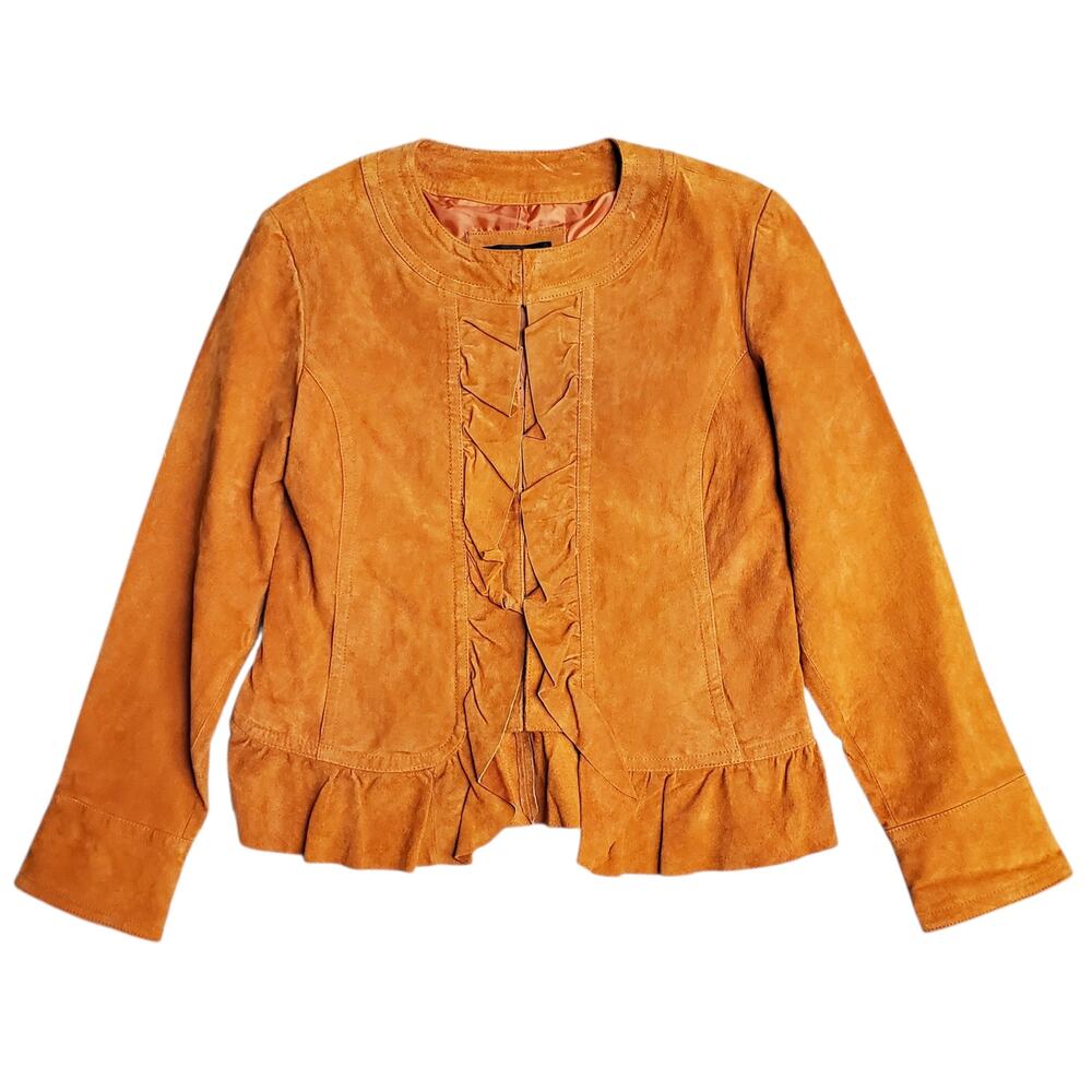 Vintage Suede Leather Jacket Orange Y2k Fairy Boho Ruffle Prosper & Devine - L